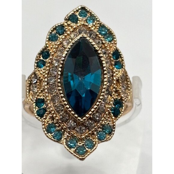 Marquise Statement Ring Size 7 Blue & Clear Rhinestones Cocktail Wedding Sparkle - Picture 1 of 9
